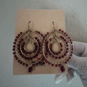 Boho Gold and Burgundy Hoop Earrings - Unbranded